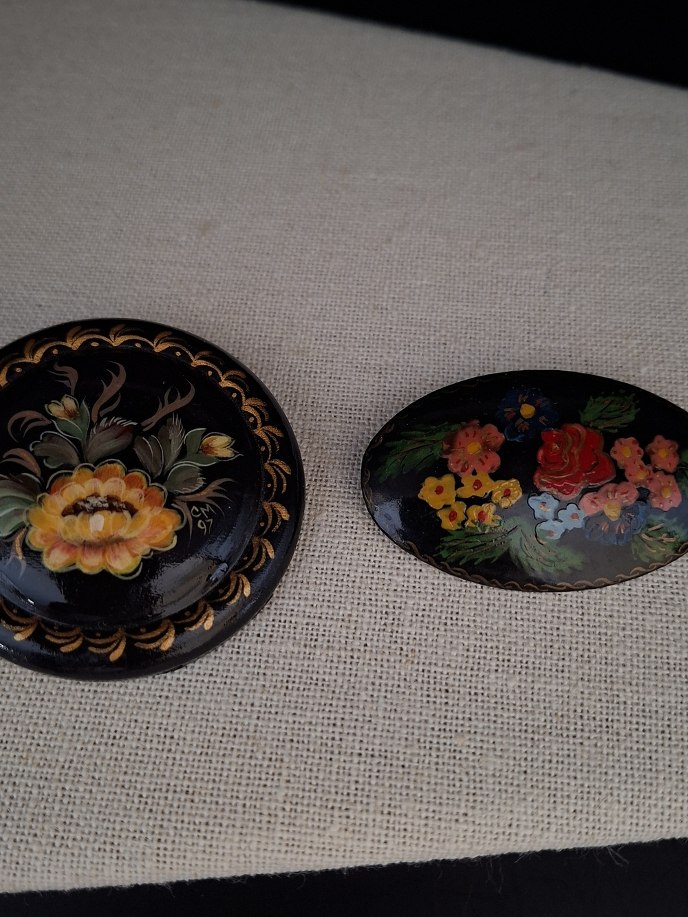 Russian Hand Painted Laquered Brooches - Signed